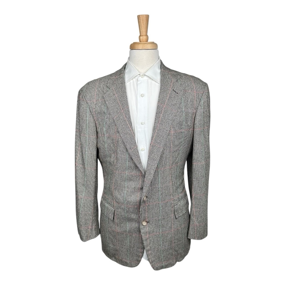 Polo Ralph Lauren Gray Green Red Check VTG Pure Raw Silk Mens Blazer Size 42R